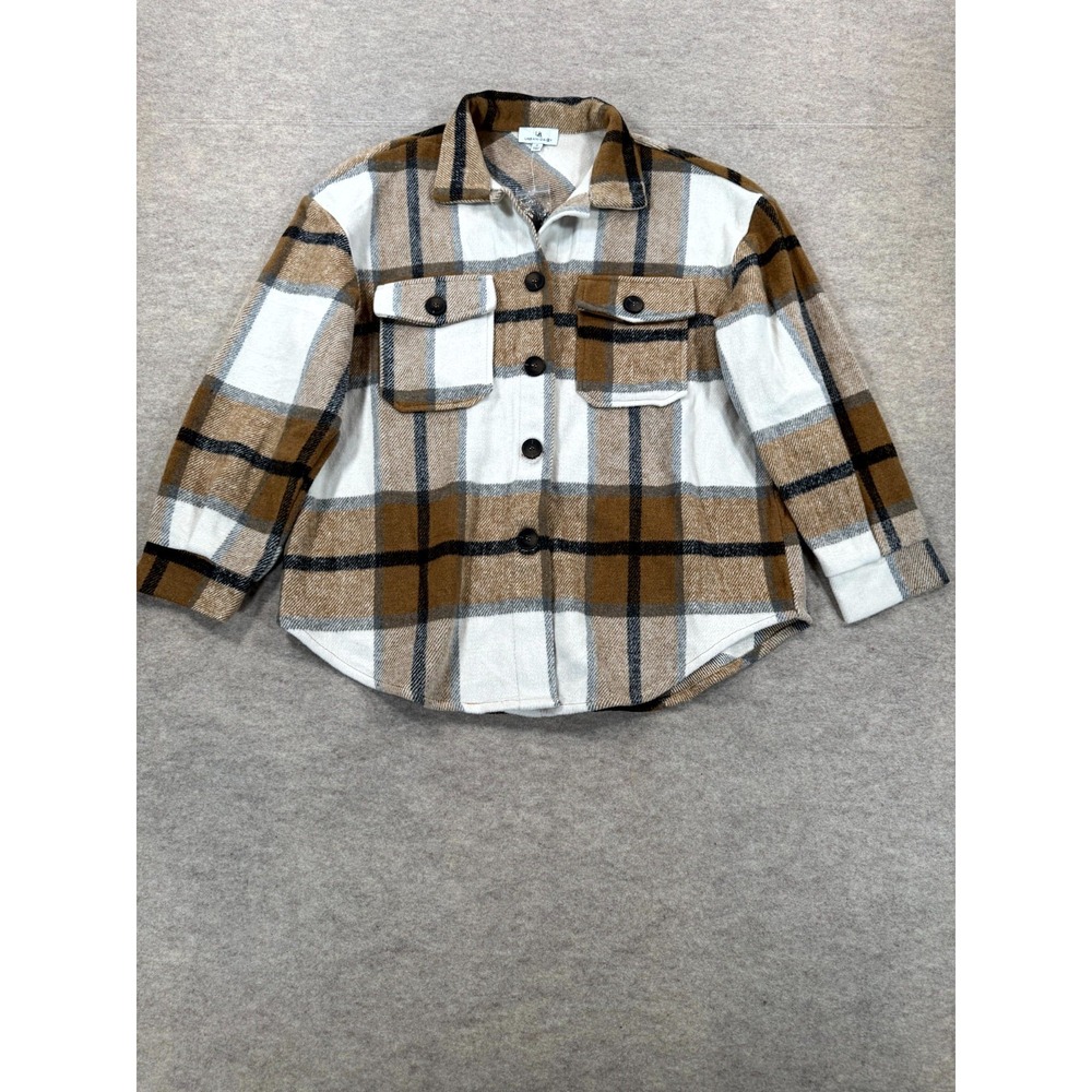 Urban Daizy Women Brown White Plaid Shacket Button Front Pockets TM082J Small